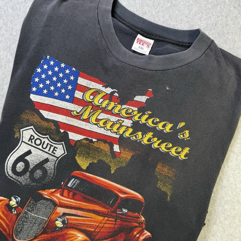 Vintage 90s Route 66 T-Shirt Single Stitch‎ Hot Rod Car USA Flag XL